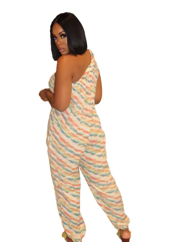 Print Beige One Shoulder Sleeveless Jumpsuit