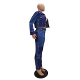 Blue Denim Short Jacket & Jeans Two Piece Set