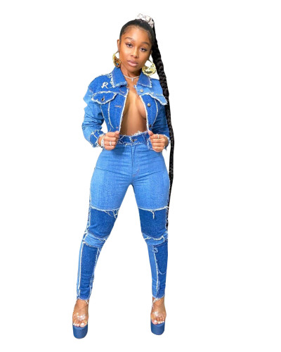 Blue Denim Short Jacket & Jeans Two Piece Set