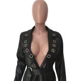Black PU Leather Belted Dress Coat