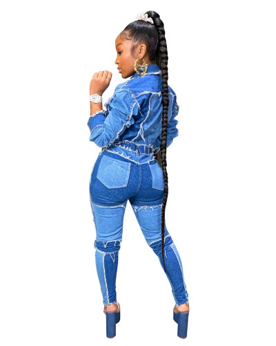 Blue Denim Short Jacket & Jeans Two Piece Set