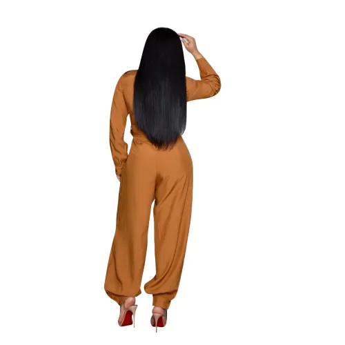 Brown Turndown Collar Tie Waist Casual Jumpsuits