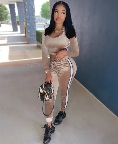 Fitted Velvet Side Stripes Crop Top and Pants Set