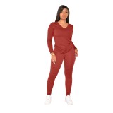 Pure Color V-Neck Long Sleeve Top and Pants Set