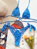 Print Blue Halter Strappy Bikini Set