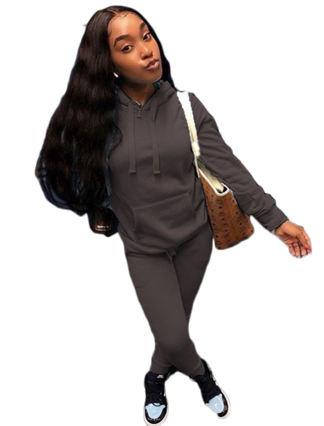 Solid Front Pocket Drawstring Hooded Sweatsuit