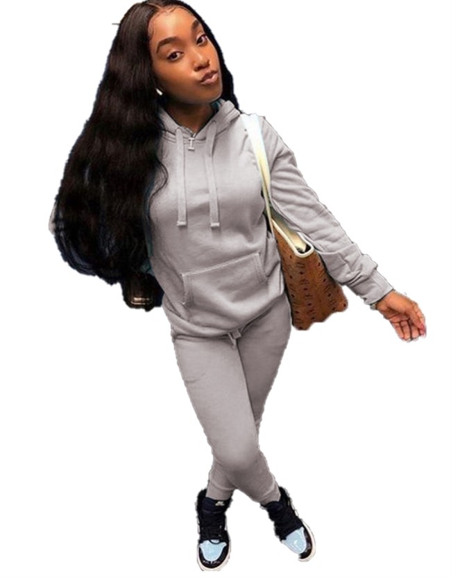 Solid Front Pocket Drawstring Hooded Sweatsuit