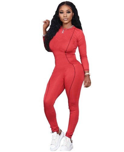 Long Sleeve Sports O Neck Bodycon Jumpsuit