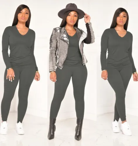 Pure Color V-Neck Long Sleeve Top and Pants Set
