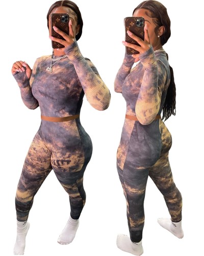 Tie Dye Ribbed Crop Top and Pants Two Piece Outfits