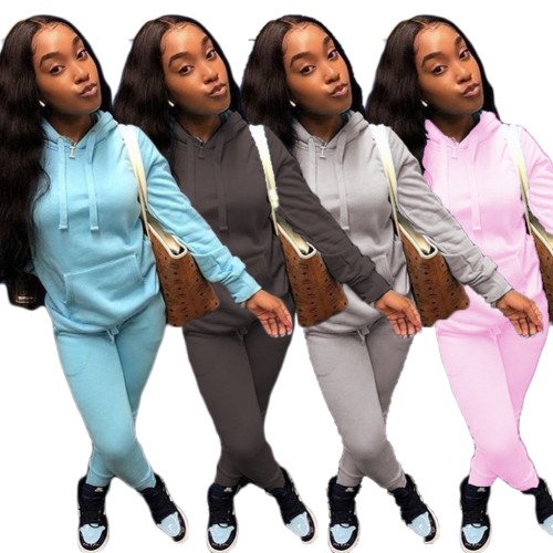 Solid Front Pocket Drawstring Hooded Sweatsuit