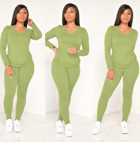 Pure Color V-Neck Long Sleeve Top and Pants Set