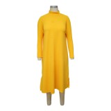 Yellow High Neck Loose Slit Casual Dress