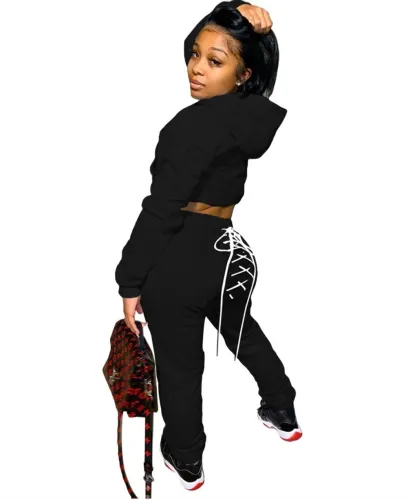 Black Hooded Sweatshirt and Lace Up Sweatpants Set