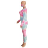 Tie Dye V-Neck Long Sleeve Tee and Pants Set with Masks