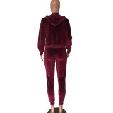 Velvet Front Pocket Hooded Tracksuit in Burgundy