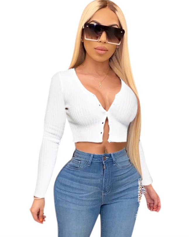 Solid Rib-Knit Long Sleeve Button Crop Top