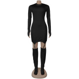 Plain Color Mock Neck Bodycon Dress with Stocking