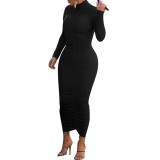 Solid Color High Neck Long Sleeve Ruched Long  Dress