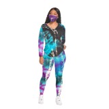 Tie Dye V-Neck Long Sleeve Tee and Pants Set with Masks