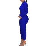 Solid Color High Neck Long Sleeve Ruched Long  Dress