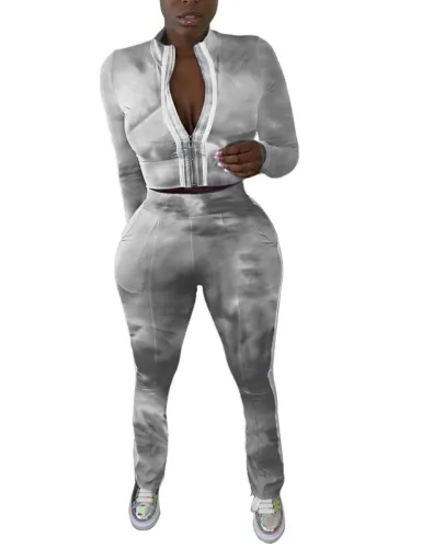 Fashion Tie Dye Zipper Crop Top and Pants Set