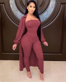 Plain Strapless Jumpsuit and Bishop Sleeve Long Cardigan