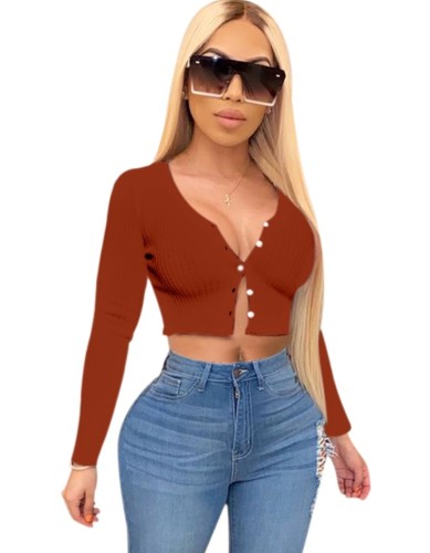 Solid Rib-Knit Long Sleeve Button Crop Top