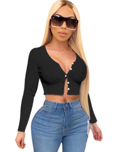 Solid Rib-Knit Long Sleeve Button Crop Top