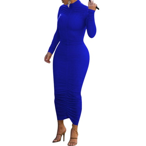 Solid Color High Neck Long Sleeve Ruched Long  Dress