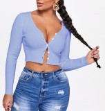 Solid Rib-Knit Long Sleeve Button Crop Top