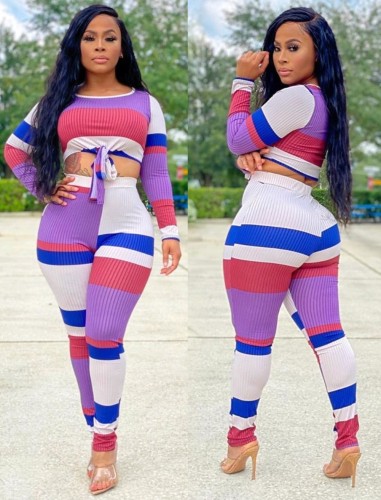 Colorblock Tie Front Ribbed Crop Top and Pants Set