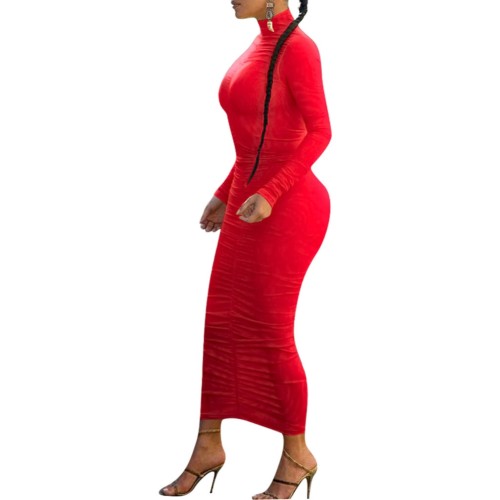 Solid Color High Neck Long Sleeve Ruched Long  Dress