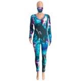 Tie Dye V-Neck Long Sleeve Tee and Pants Set with Masks