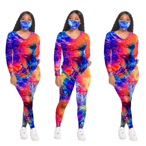 Tie Dye V-Neck Long Sleeve Tee and Pants Set with Masks