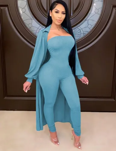 Plain Strapless Jumpsuit and Bishop Sleeve Long Cardigan