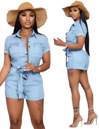 Short Sleeve Light Blue Denim Fitted Button Belted Rompers