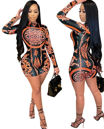 Baroque Print Long Sleeve Bodycon Rompers
