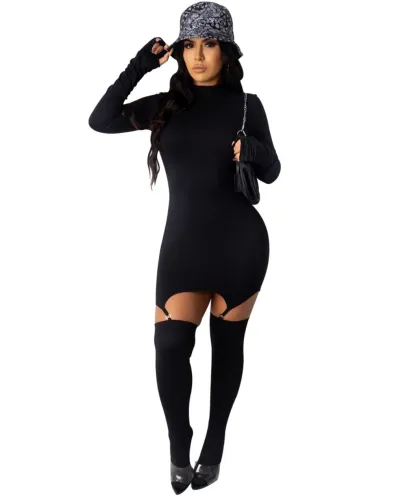 Plain Color Mock Neck Bodycon Dress with Stocking