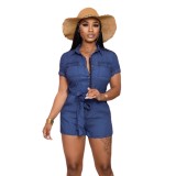 Short Sleeve Blue Denim Fitted Button Belted Rompers