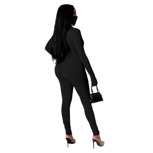 Pure Color Long Sleeve Zip Up Bodycon Jumpsuit(without Mask)