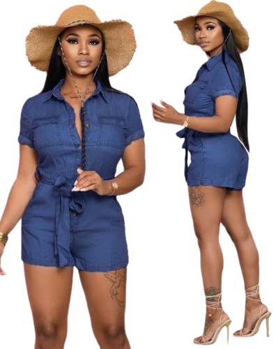 Short Sleeve Blue Denim Fitted Button Belted Rompers