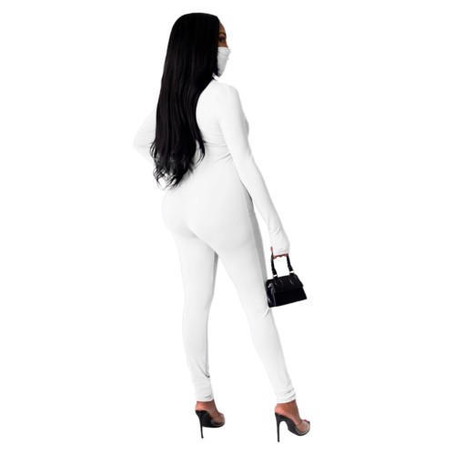Pure Color Long Sleeve Zip Up Bodycon Jumpsuit(without Mask)