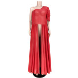 Plus Size Red See Through One Shoulder High Low Dress Top
