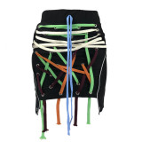 Irregular Handwork Eyelets Colorful Strings Mini Skirt
