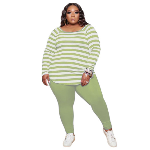 Striped Green Long Sleeve Tee and Solid Pants Set