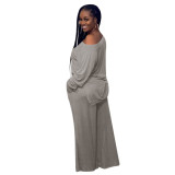Gray Loose Slit Top and Wide Leg Pants Two Piece Set
