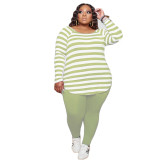 Striped Green Long Sleeve Tee and Solid Pants Set