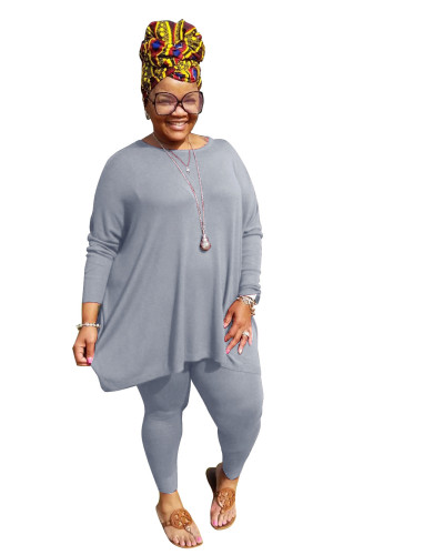 Plus Size Gray O Neck Slit Top and Pant Set