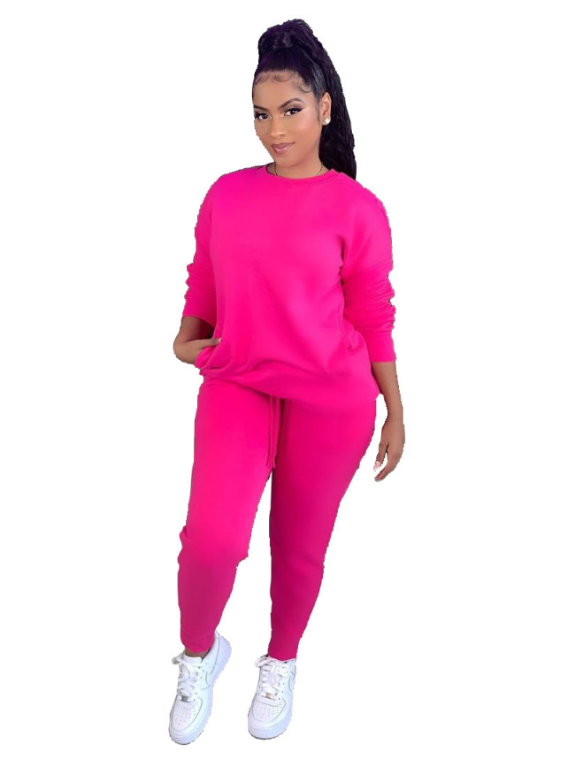 Plain Hot Pink Sweatshirt and Sweatpants Set